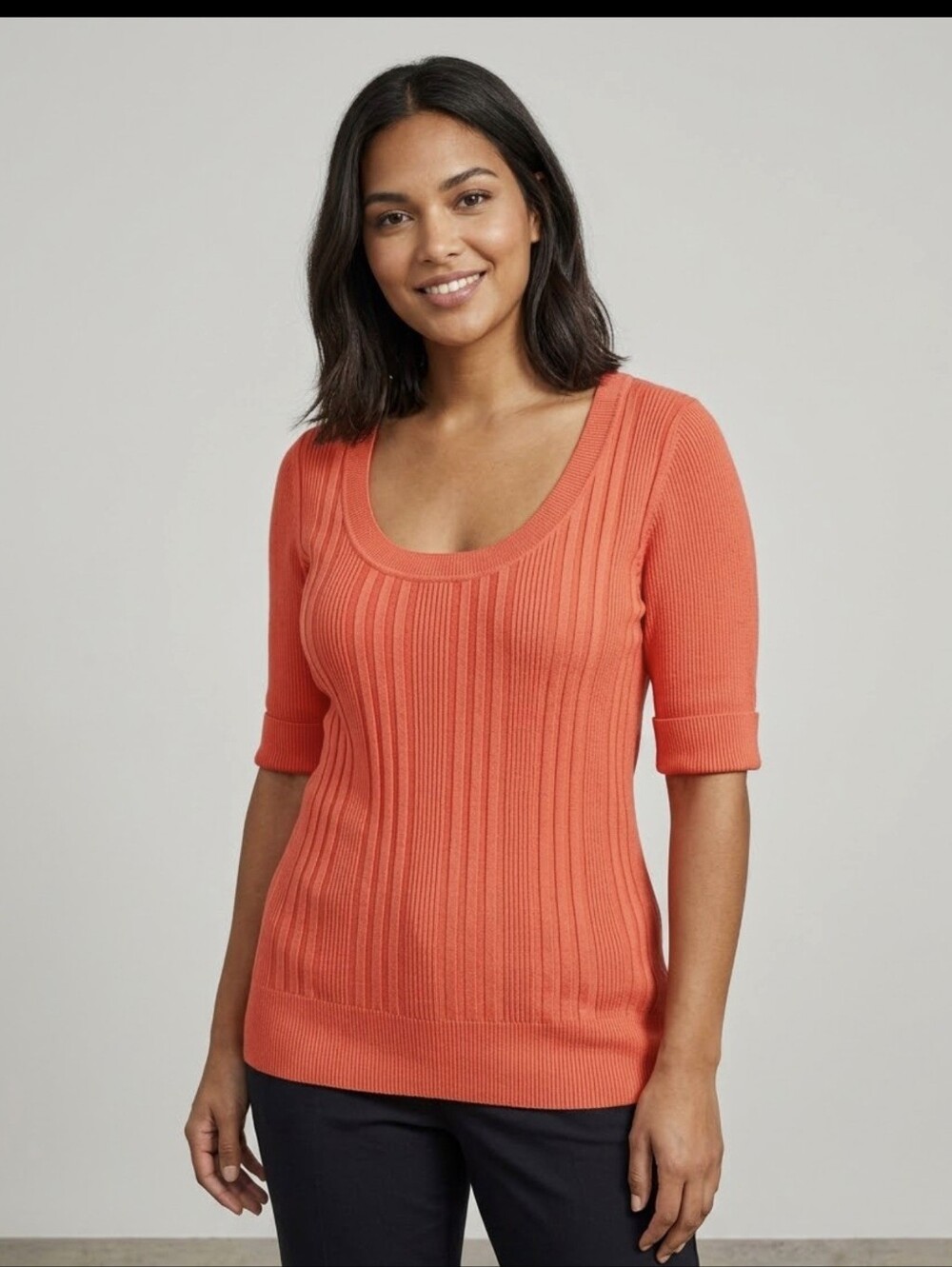 Le Château Coral Orange Ribbed Scoop Neck Elbow Sleeve Knit Top - Size XL